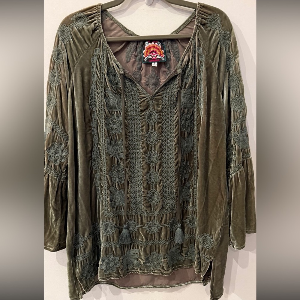 Johnny Was Olive Velvet Embroidered Blouse
